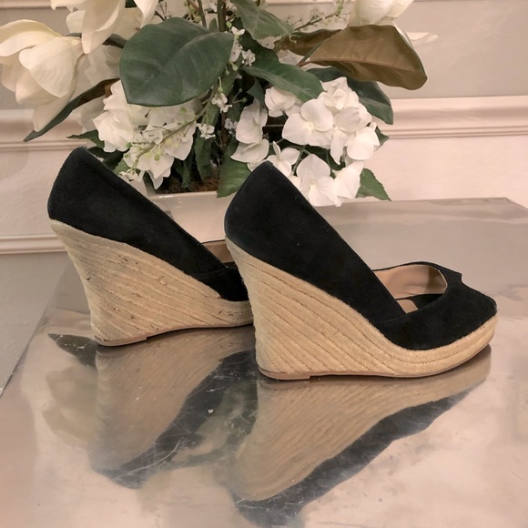 Colin Stuart Black Suede Leather Peep Toe Wedge Espadrilles size 8 - Picture 2 of 5